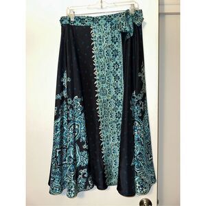 Talbots Pure Silk Sz 14 Wrap Maxi Skirt Navy Blue Turquoise Paisley Womens EUC